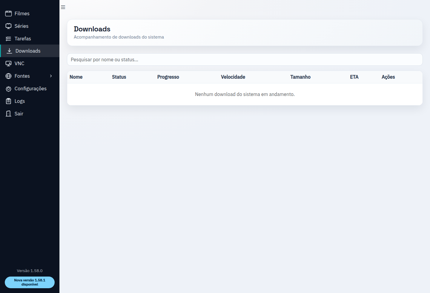 Tela de downloads do Varredor Torrents